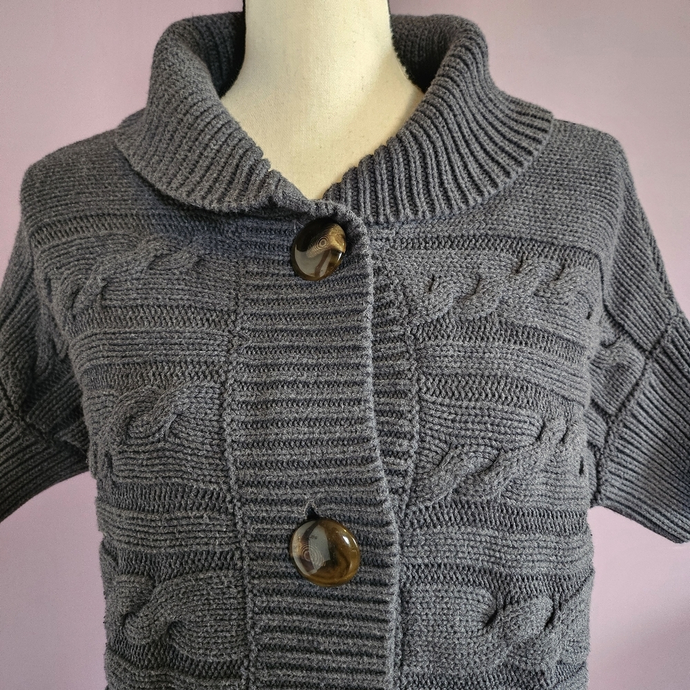 Talbots Gray 100% Cotton Cable Knit Collared Short Sleeve Buttoned Cardigan - Picture 2 of 8